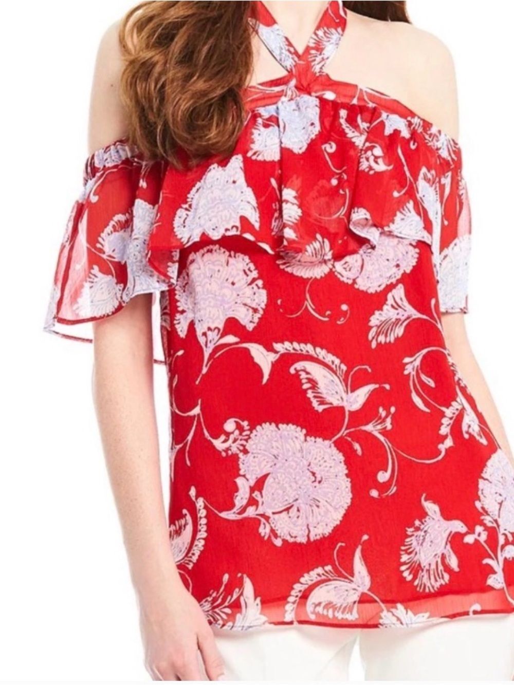 Tommy Hilfiger Red Floral Off-Shoulder Ruffle Top Size S